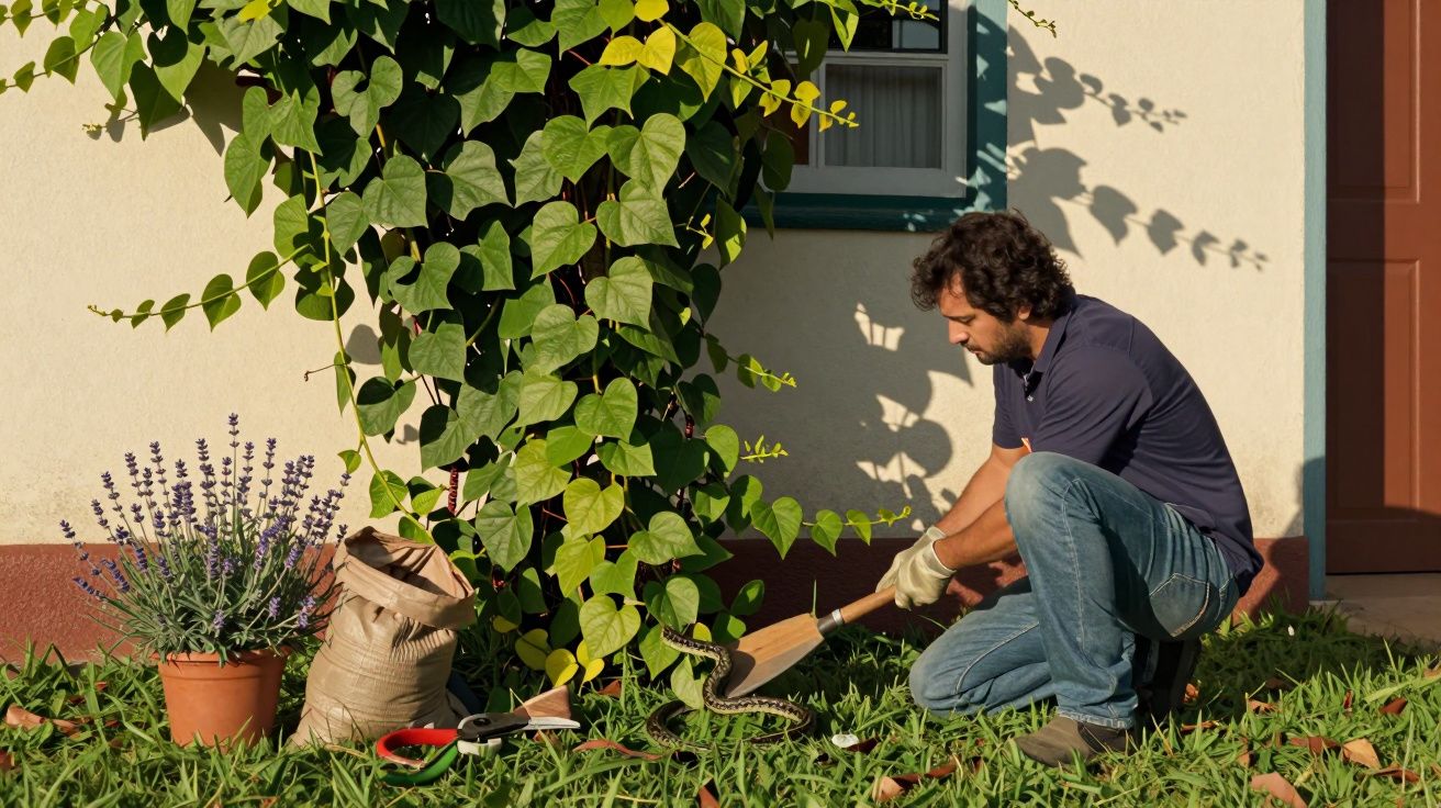 Homem a jardinar ao lado de uma planta trepadeira, perto de uma casa, com utensílios de jardinagem e um vaso de lavanda.