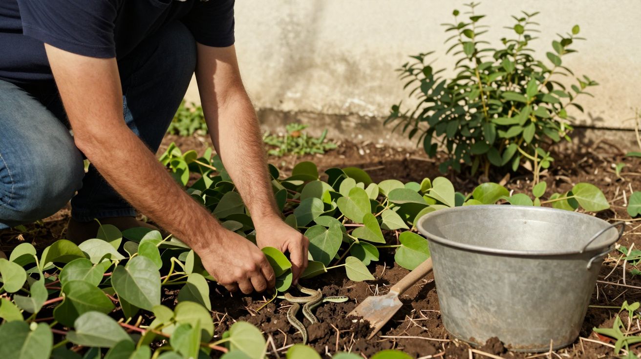 Homem a plantar mudas em jardim com balde e pá ao lado.