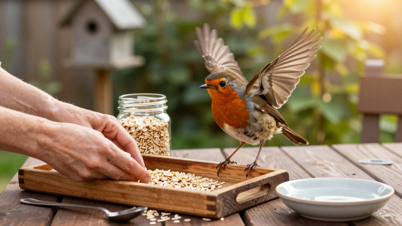 Pássaro pousando numa bandeja com sementes, ao lado de mãos humanas. Há um frasco de vidro com sementes ao fundo.