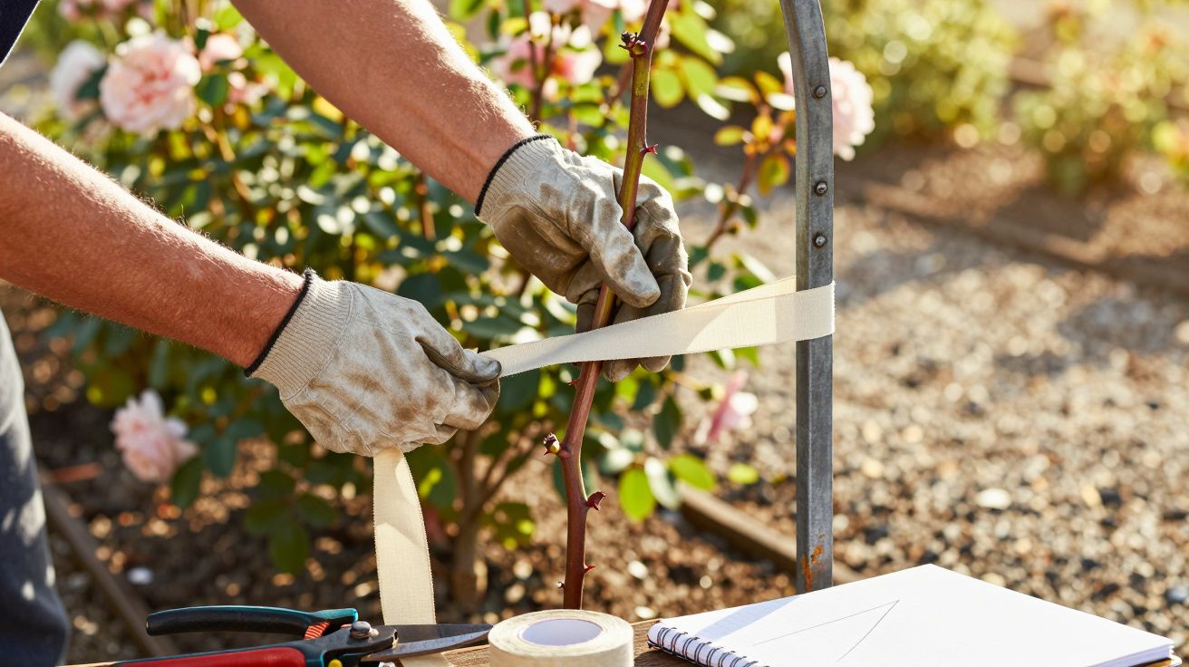 Pessoa com luvas a amarrar ramos num jardim, com flores ao fundo e materiais de jardinagem numa mesa.