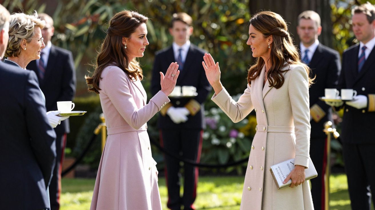 Duas mulheres cumprimentam-se ao ar livre, rodeadas por pessoas em uniforme e segurando chávenas de chá.