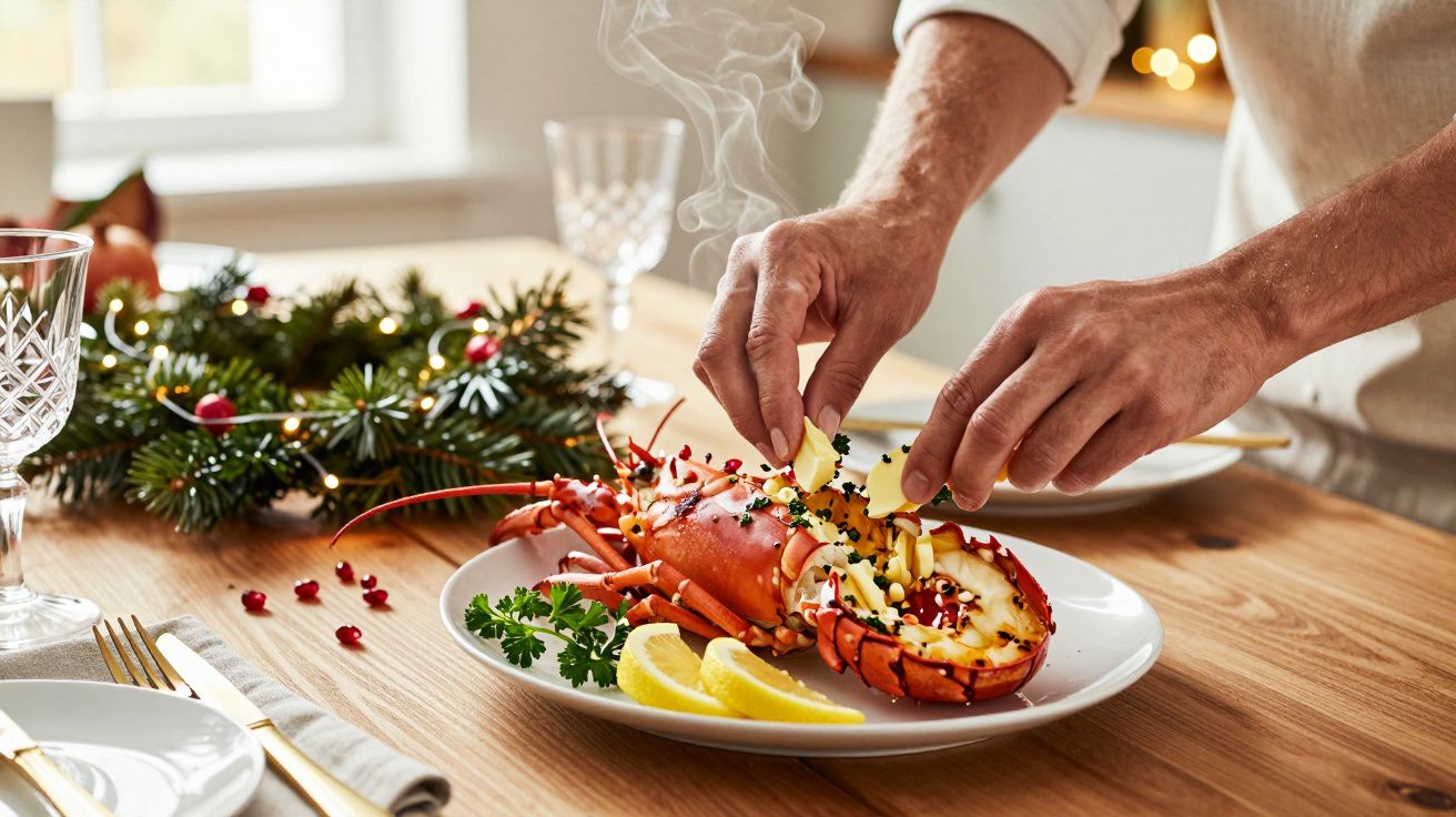 Mãos a decorar uma lagosta cozida com ervas e limão num prato, sobre mesa natalícia decorada com ramos de pinheiro.