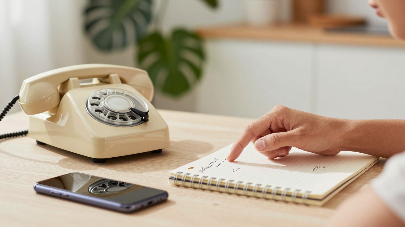 Telefone antigo e smartphone sobre mesa. Mão escreve em bloco de notas ao lado de planta e objeto desfocado ao fundo.