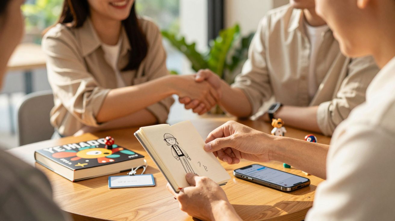 Reunião de negócios, duas pessoas apertam as mãos, livro de quadrinhos e smartphone sobre a mesa.
