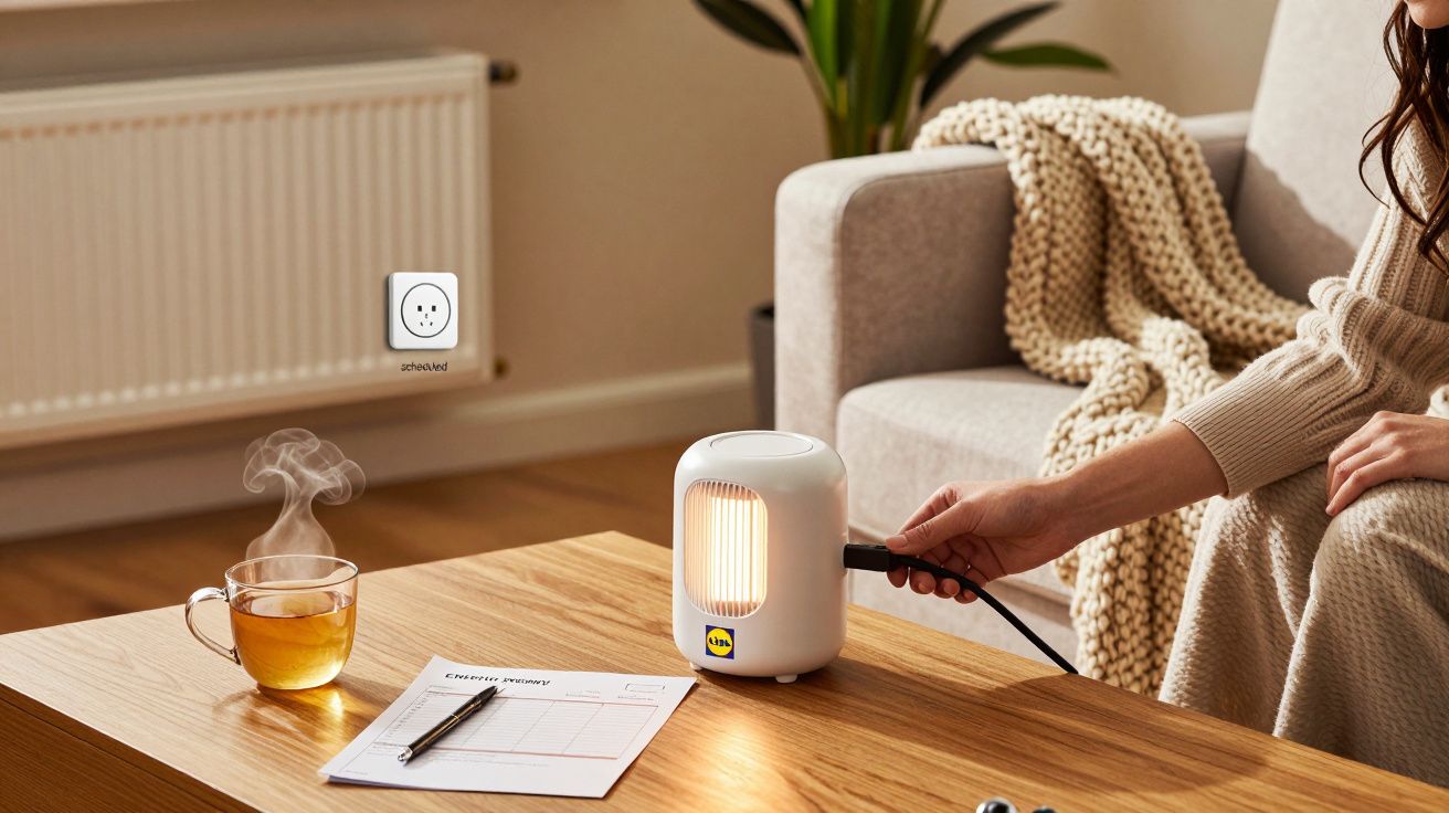 Pessoa liga pequeno aquecedor numa sala aconchegante; chá e papel na mesa, manta no sofá.