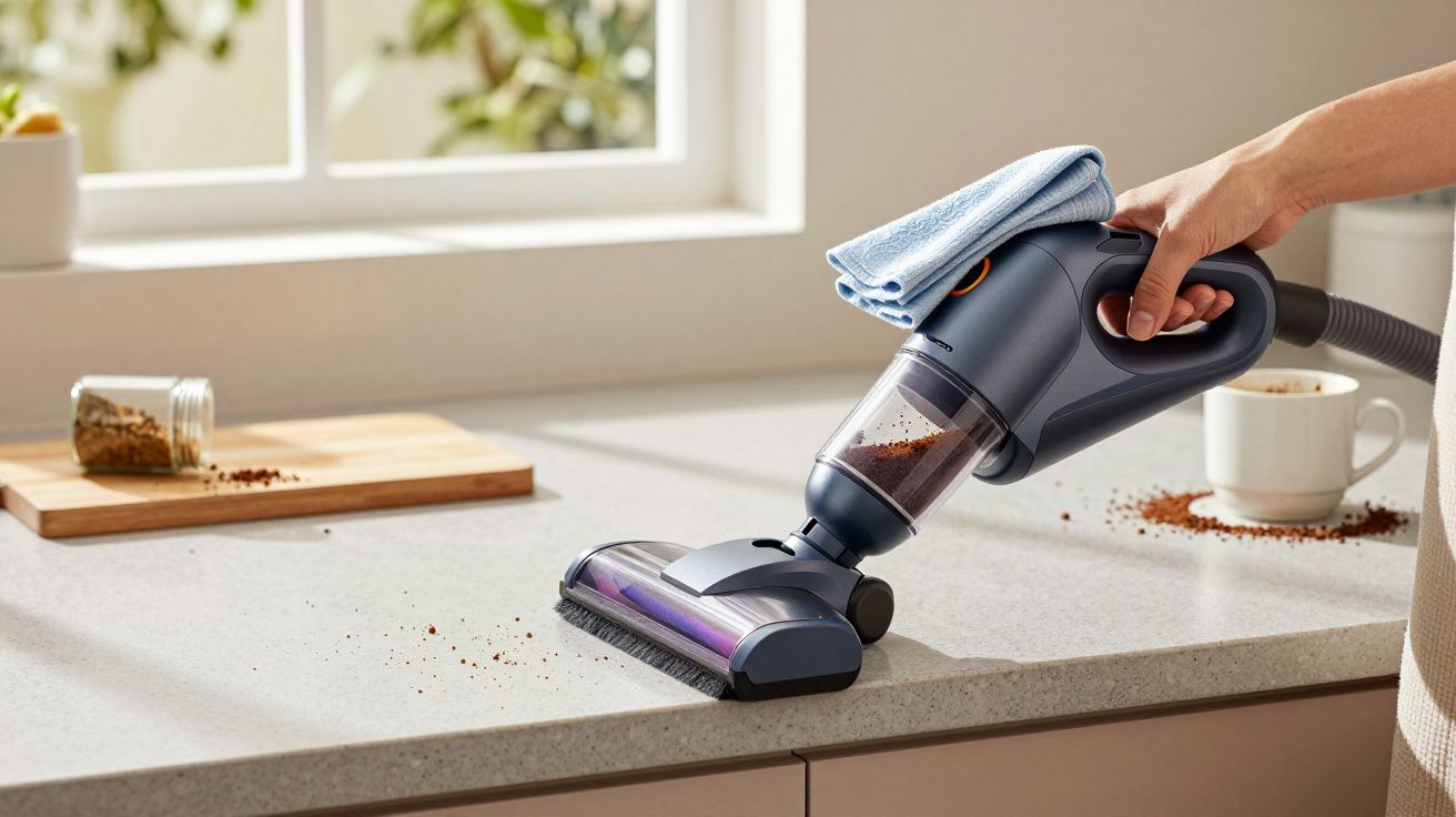 Pessoa a usar um aspirador de pó portátil para limpar uma superfície de cozinha com café derramado ao lado de uma janela.