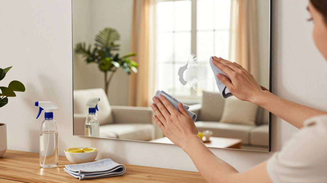 Pessoa a limpar espelho com pano, frasco de spray e toalhas em cima de uma cómoda, sala ao fundo.