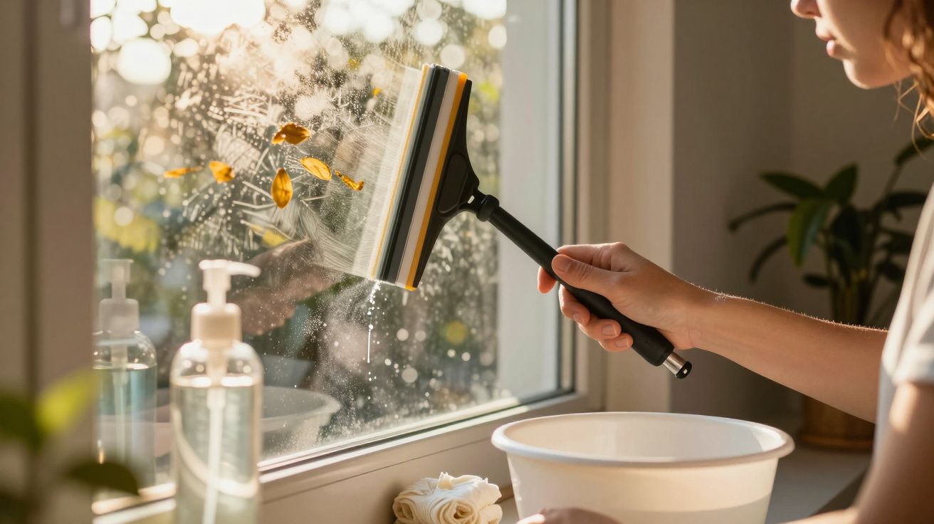 Pessoa a limpar janela de vidro com rodo, luz solar entrando, frascos e balde ao lado, flores amarelas refletidas.