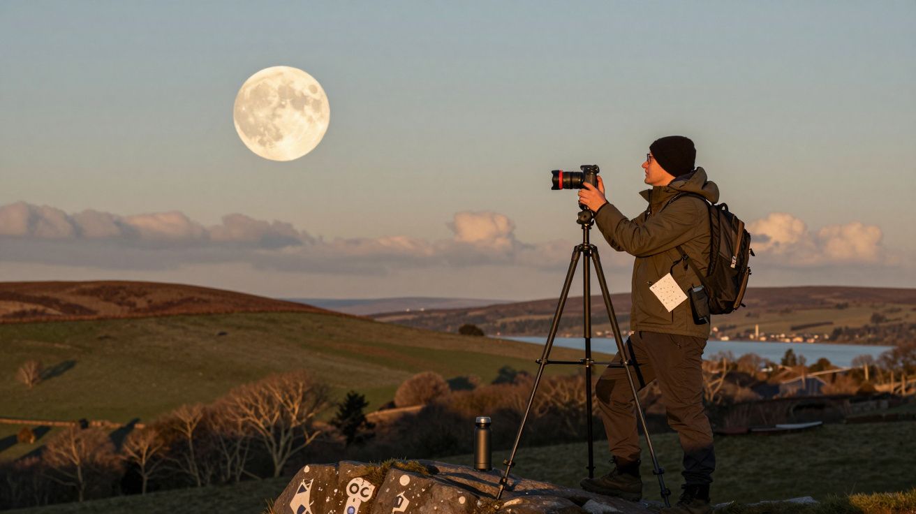 Fotógrafo ao pôr do sol, com a lua cheia ao fundo, em pé à frente de um tripé em paisagem rural.