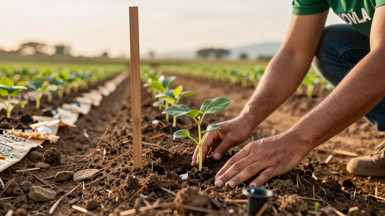 Pessoa a plantar muda num campo agrícola, com rega gota-a-gota e fileiras de plantas ao fundo.