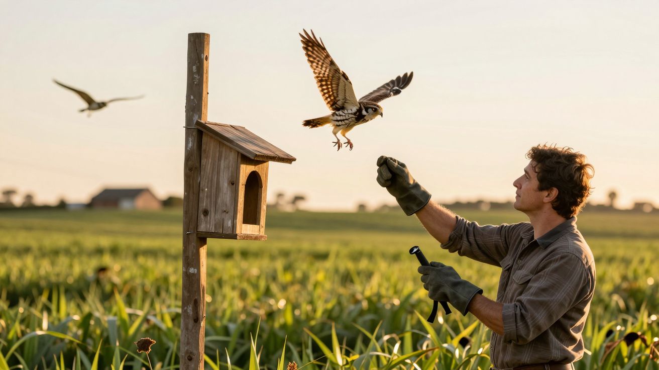 Homem de luvas alimenta falcão em campo com caixa-ninho ao pôr do sol, outra ave voa ao fundo.