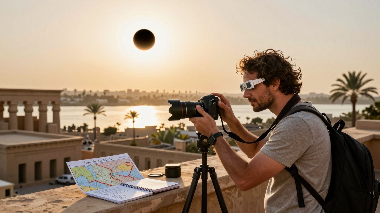 Homem com óculos de proteção fotografa eclipse solar em cidade costeira, com um mapa e caderno sobre a mesa.