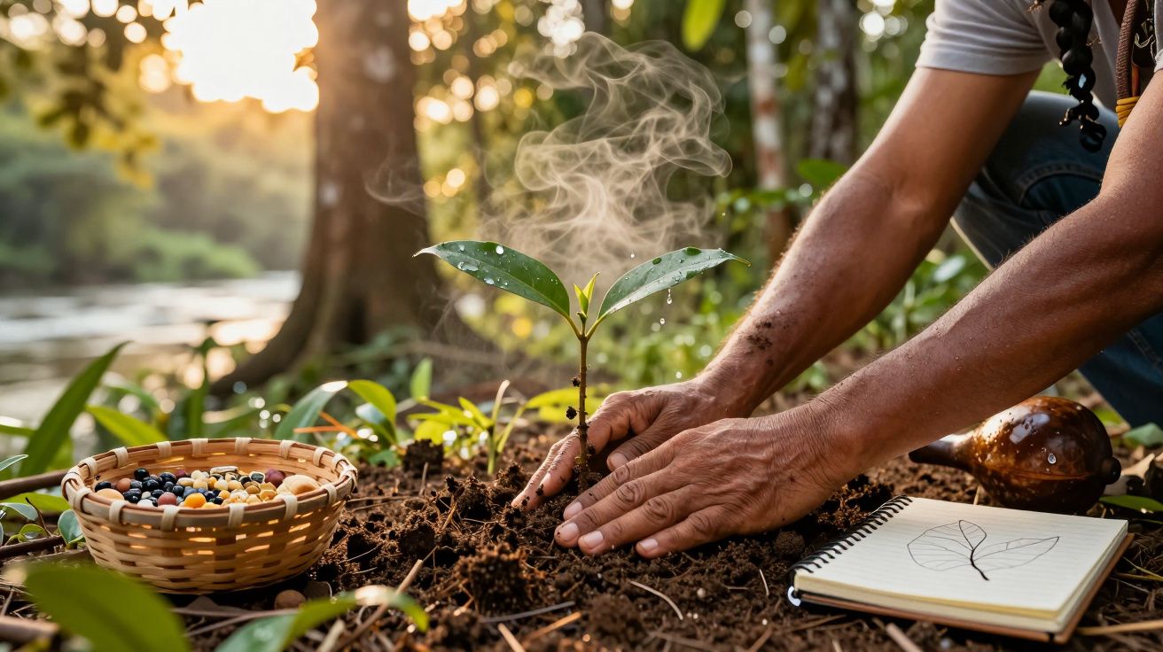 Pessoa plantando muda numa floresta, ao lado de caderno e cesta de sementes, com vapor subindo da terra.