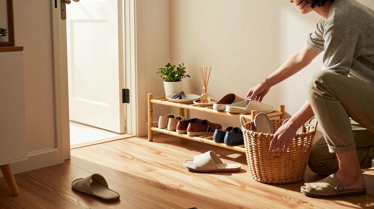 Mulher organiza sapatos num corredor iluminado com móvel de madeira e cesto, ao lado de porta aberta e planta.