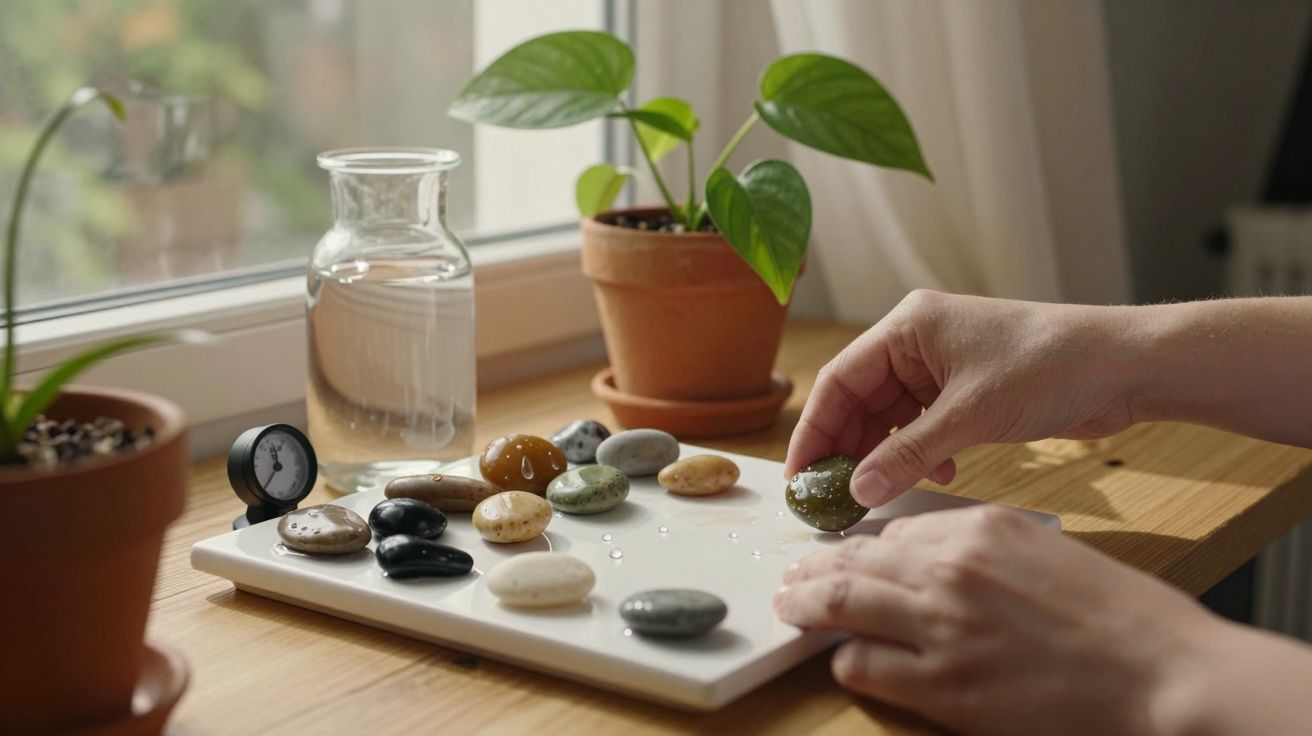 Mãos organizam pedras coloridas num tabuleiro branco junto a plantas e jarra de água numa janela.