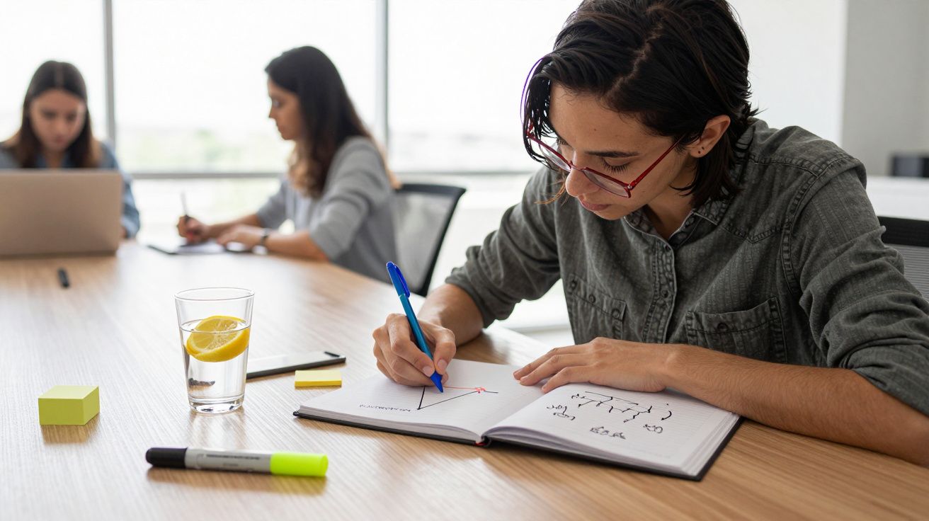 Pessoa a escrever num caderno numa mesa de reunião. Ao fundo, duas pessoas trabalham em computadores.