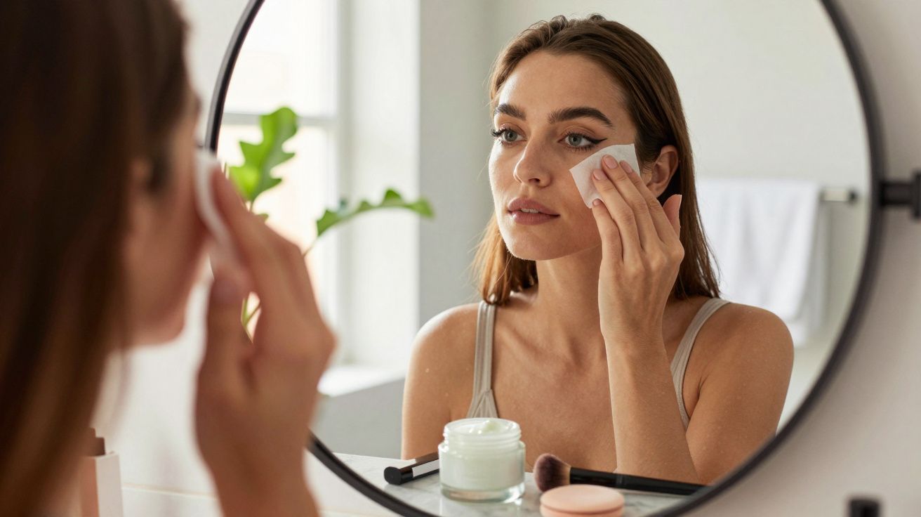 Mulher remove maquilhagem ao espelho, usando disco de algodão numa casa de banho iluminada.