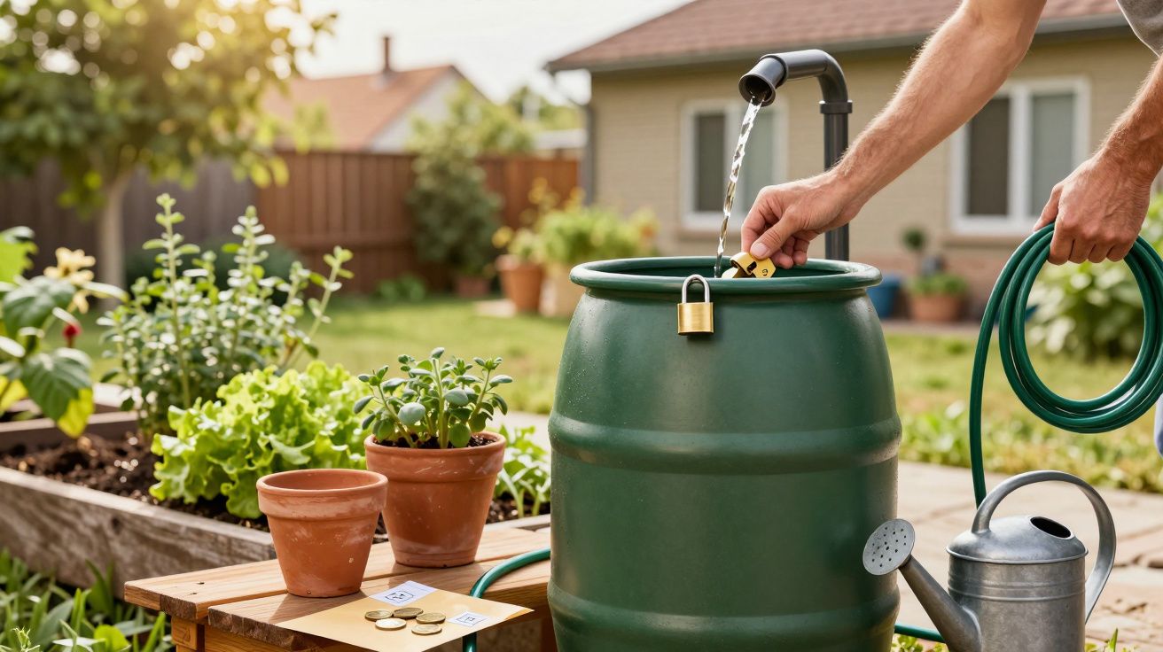 Homem enchendo barril de água no jardim, com plantas, mangueira e regador ao redor.