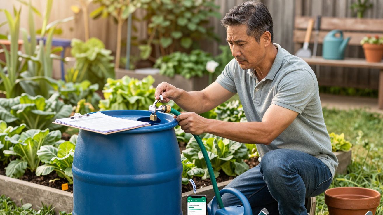 Homem ajusta uma torneira em barril azul no jardim, rodeado por plantas e utensílios de jardinagem.