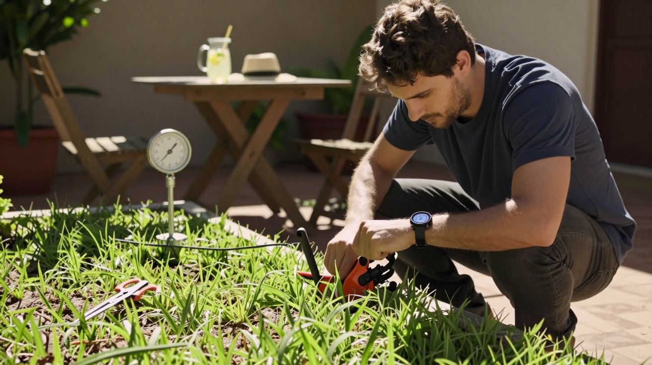 Homem a cuidar do jardim, agachado, a cortar ervas daninhas. Mesa de madeira ao fundo com bebidas e chapéu.