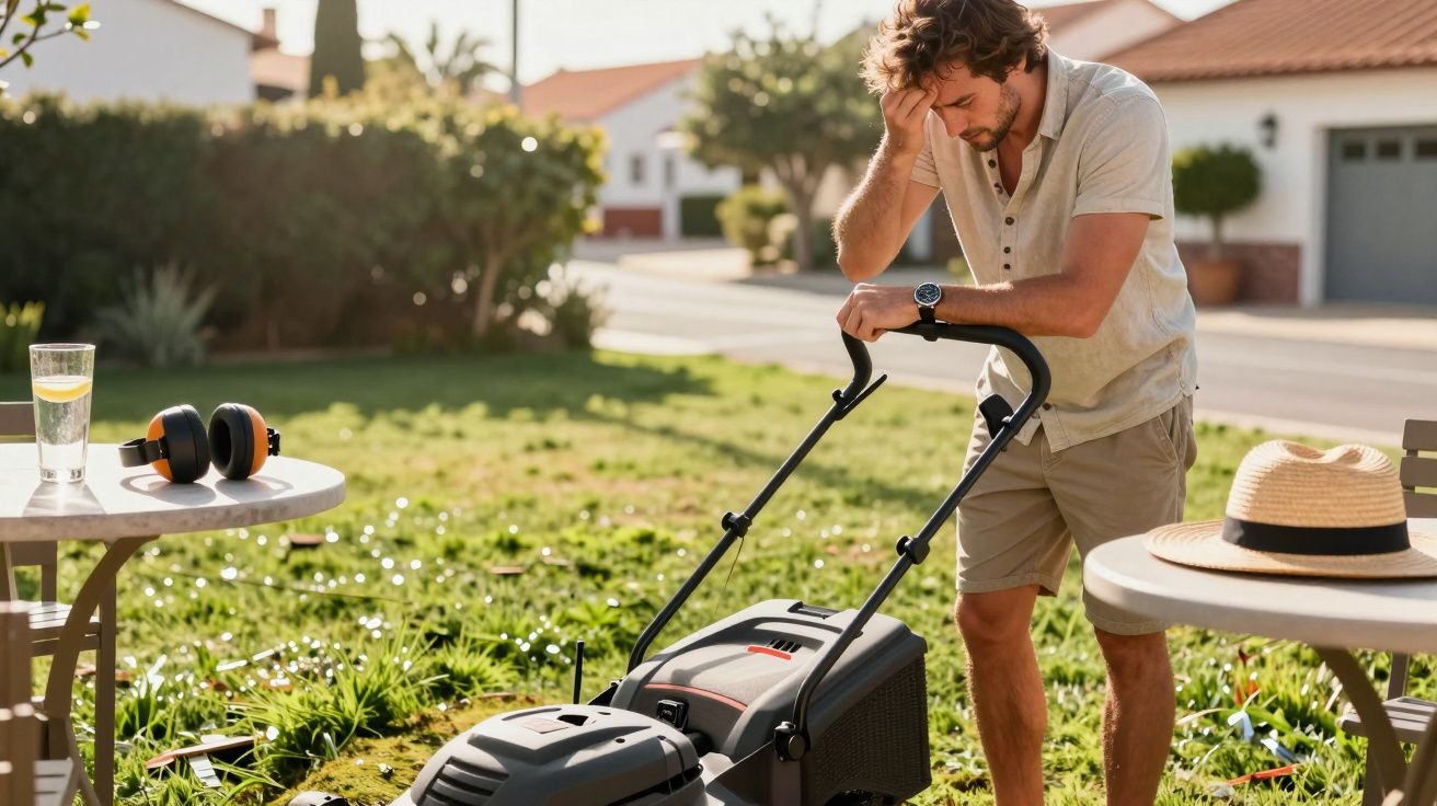 Homem com expressão cansada a usar um cortador de relva num jardim ensolarado, com mesa, copo de limonada e chapéu ao lado.