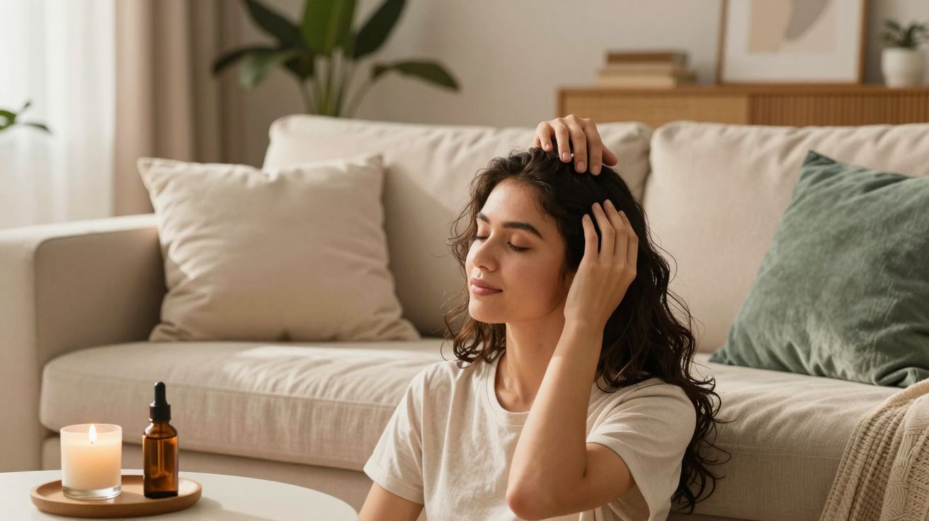 Mulher meditando em casa, sentada no chão com olhos fechados, vela acesa e frasco de óleo ao lado.