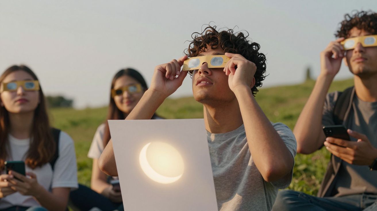 Jovens observam eclipse solar com óculos especiais, sentados em campo, projetando a imagem num cartão branco.