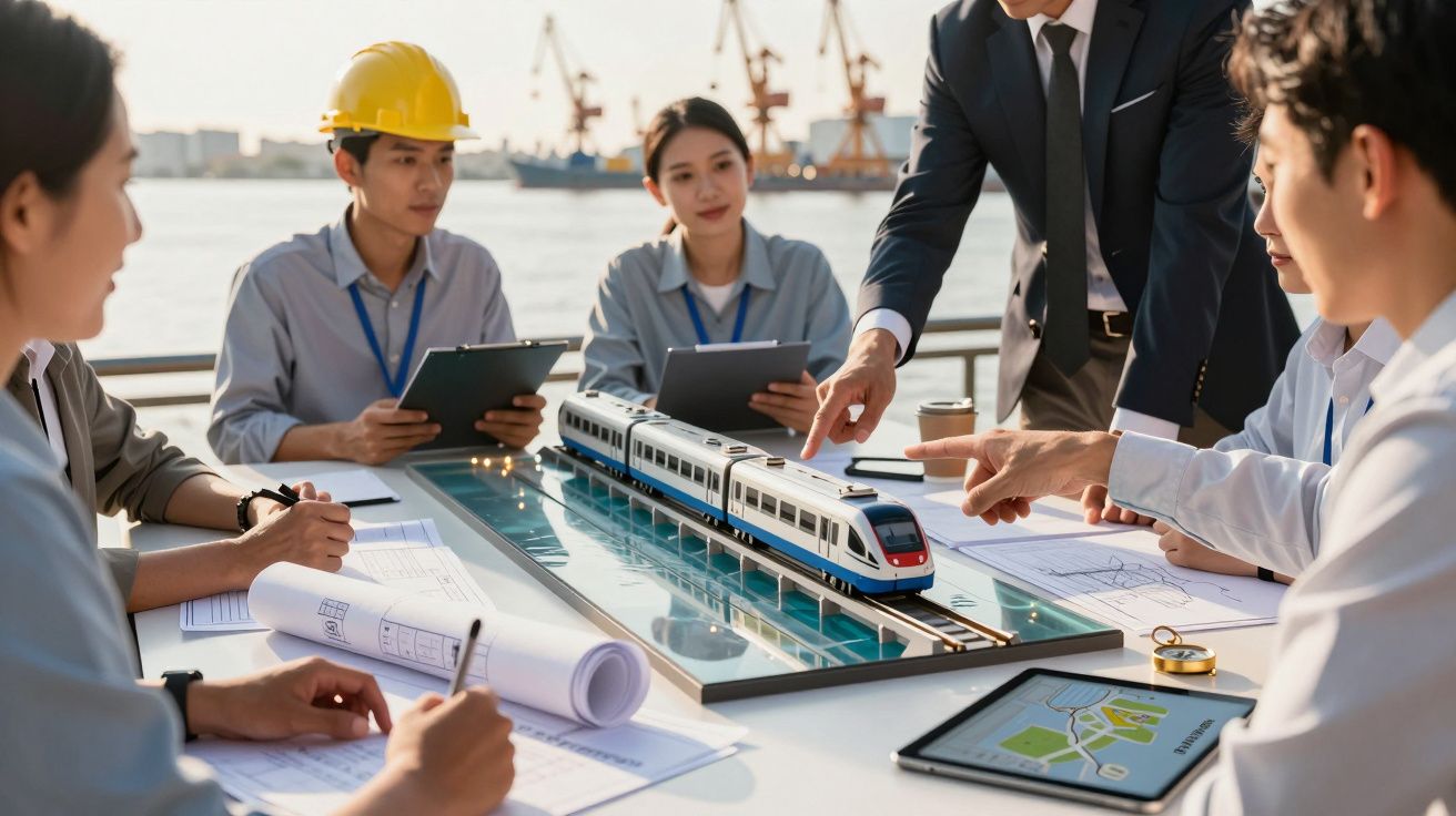 Equipa discute projeto de comboio em miniatura ao ar livre, com modelos e plantas em mesa.