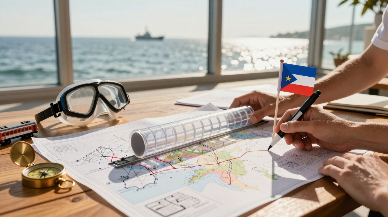 Mapa náutico sobre mesa junto ao mar, com bússola, óculos de mergulho e pequena bandeira em destaque.