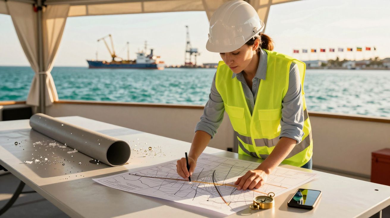 Engenheira com colete e capacete desenha em plantas, com o mar e um porto ao fundo.