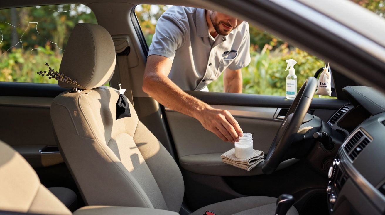 Homem arruma o interior de um carro, colocando um frasco no assento. Produtos de limpeza estão no tabliê.