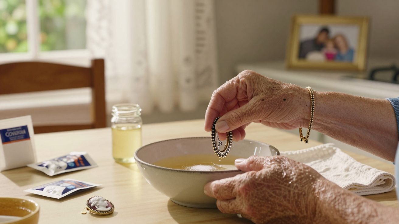Mãos idosas limpando pulseira em tigela com líquido, foto de família desfocada ao fundo.