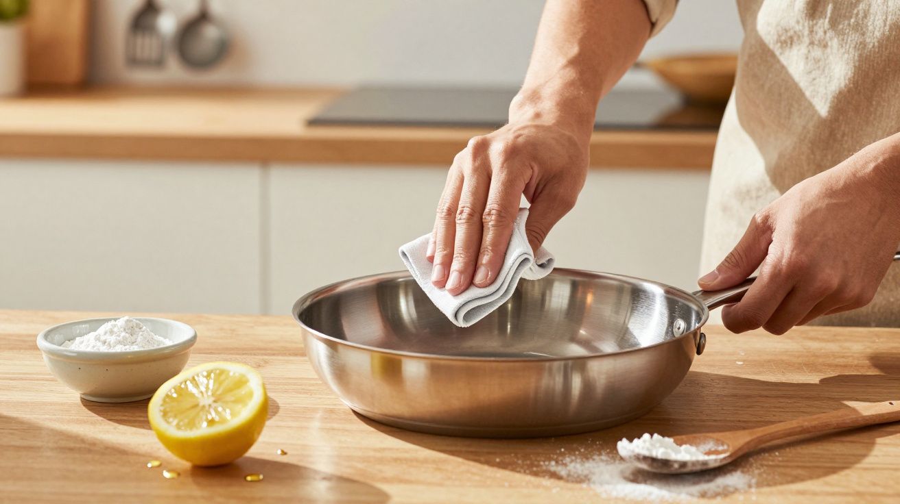 Pessoa limpa uma frigideira de aço inoxidável com um pano; limão e farinha ao lado.