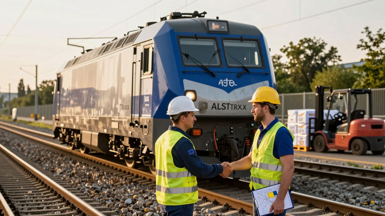 Dois trabalhadores ferroviários com coletes refletores apertam as mãos ao lado de uma locomotiva azul.