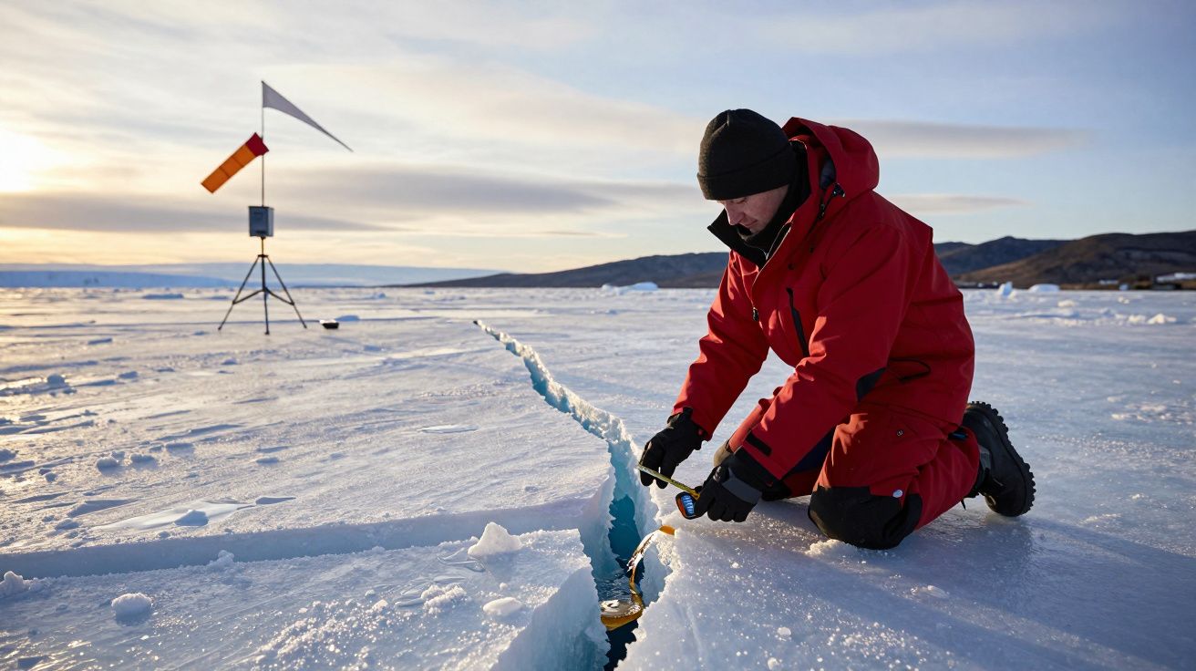 Investigador de casaco vermelho analisa fenda no gelo polar; bandeira de vento ao fundo.