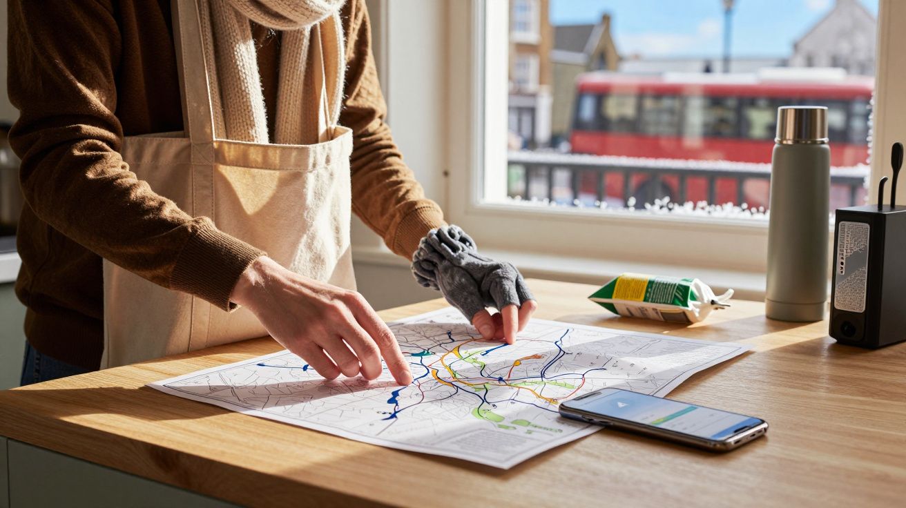 Pessoa com luvas consulta mapa numa mesa, com smartphone, tubo de sumo e garrafa térmica ao lado, janela ao fundo.