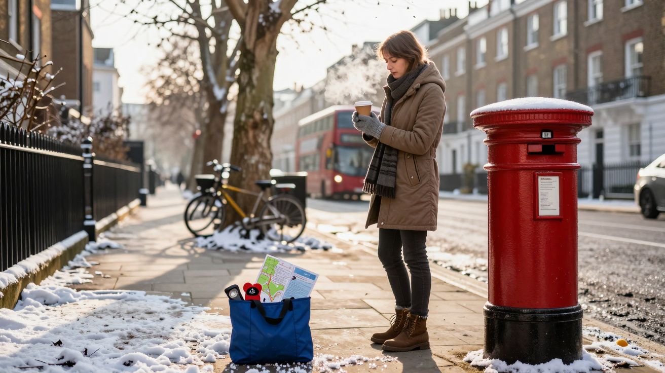 Mulher com café numa rua nevada, ao lado de uma caixa de correio vermelha e sacola azul. Ao fundo, autocarro vermelho.