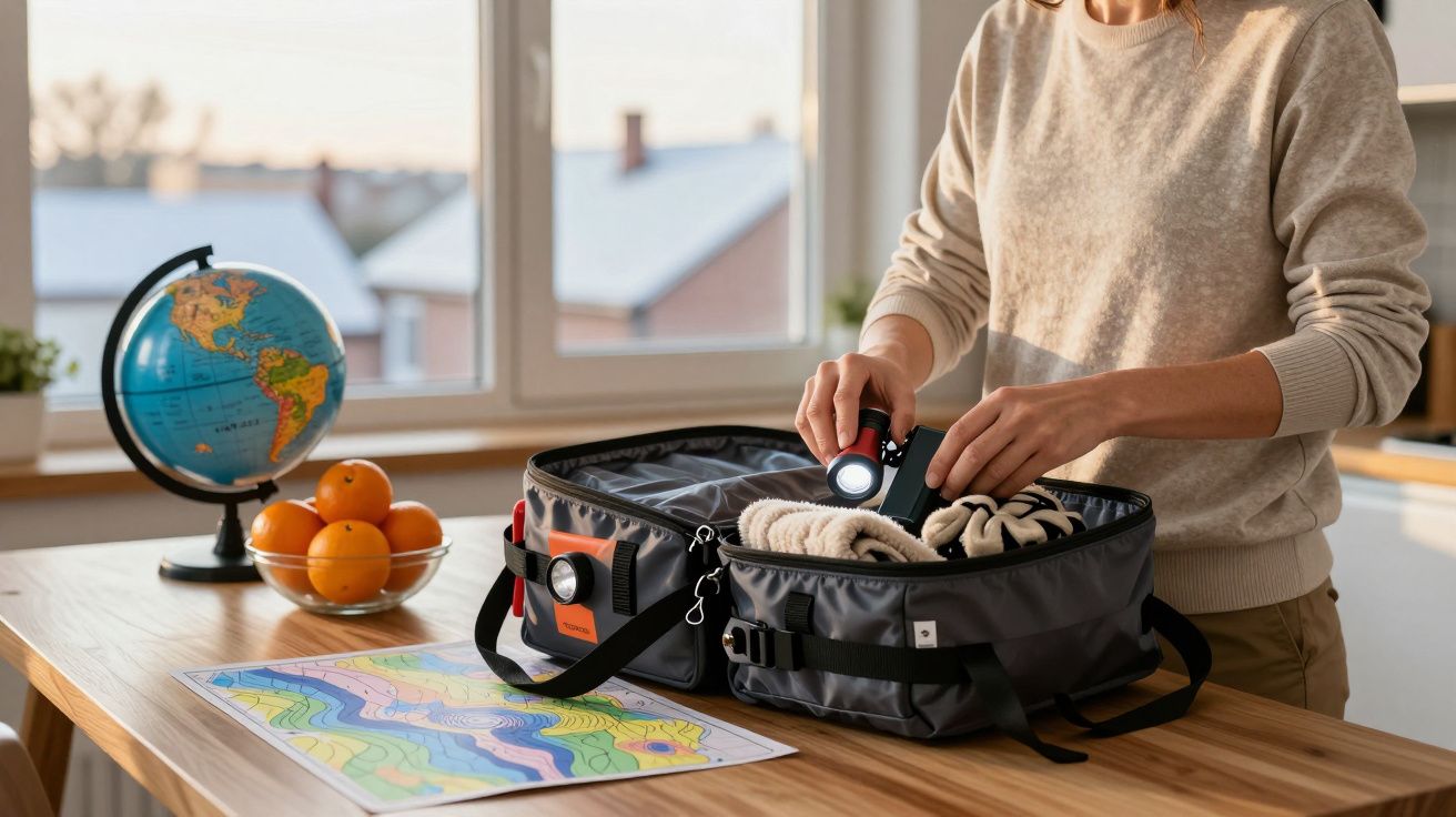 Mulher a fazer malas com roupa, mapa e lanterna numa mesa, ao lado de uma tigela de laranjas e um globo.