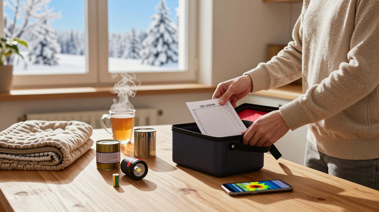 Pessoa arruma caixa com lanterna, lista de verificação e enlatados numa mesa perto da janela com vista para neve.