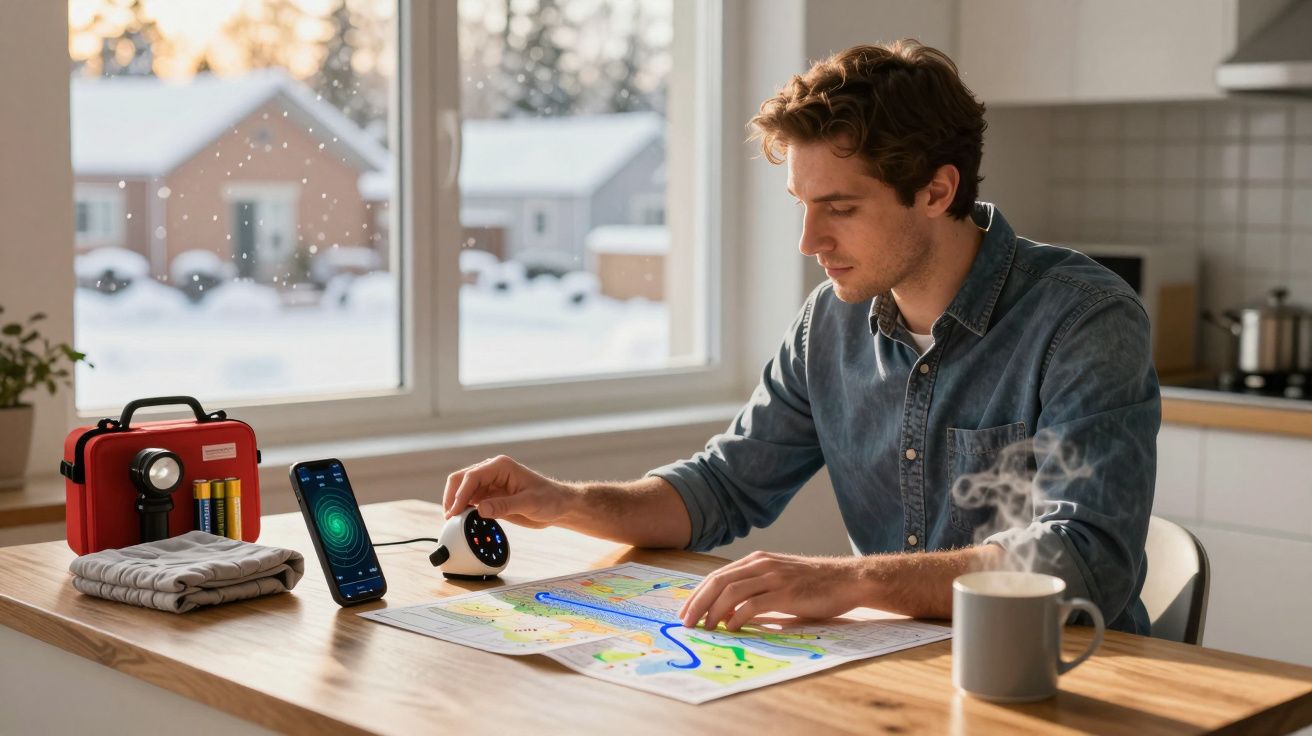 Homem analisa mapa numa cozinha, com smartphone, chávena de café e kit de sobrevivência numa bancada de madeira.