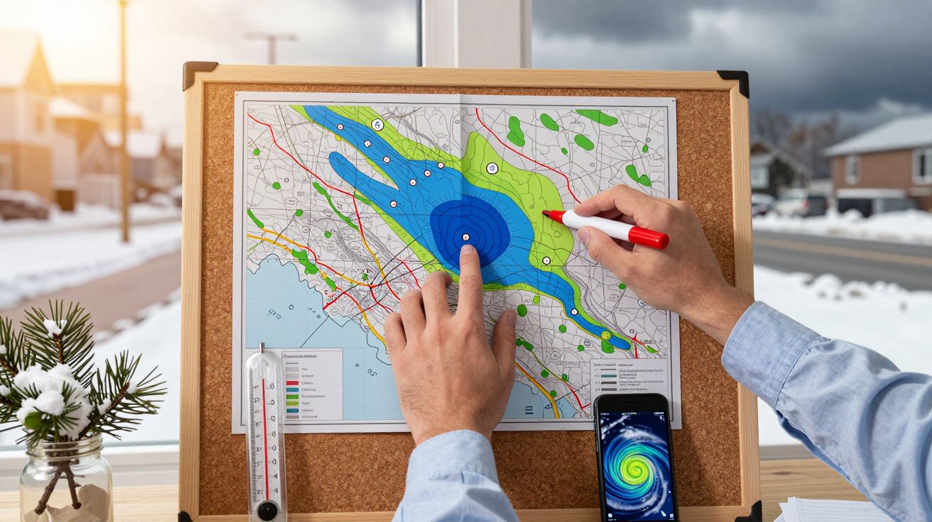 Homem aponta para um mapa meteorológico colorido, com termómetro e telemóvel ao lado, em ambiente de neve.