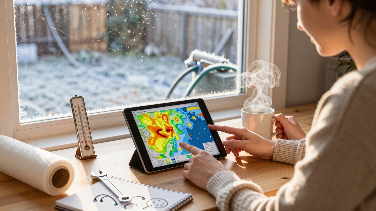 Mulher vê previsão do tempo num tablet à mesa, com uma chávena de café e um termómetro na janela.