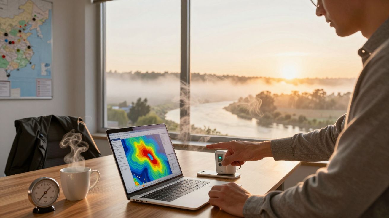 Homem trabalha num portátil com gráfico colorido, ao amanhecer, junto a janela com vista para rio e paisagem nevoenta.