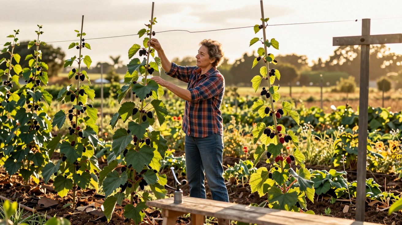Homem colhe frutos de plantas trepadeiras numa horta ao ar livre, ao pôr do sol.
