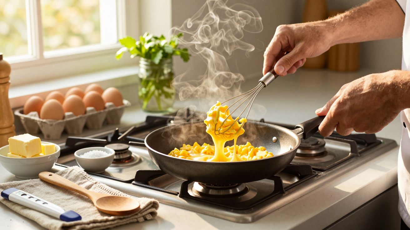 Mãos a mexer ovos mexidos numa frigideira em cima do fogão, com vapor no ar e ingredientes sobre uma bancada.