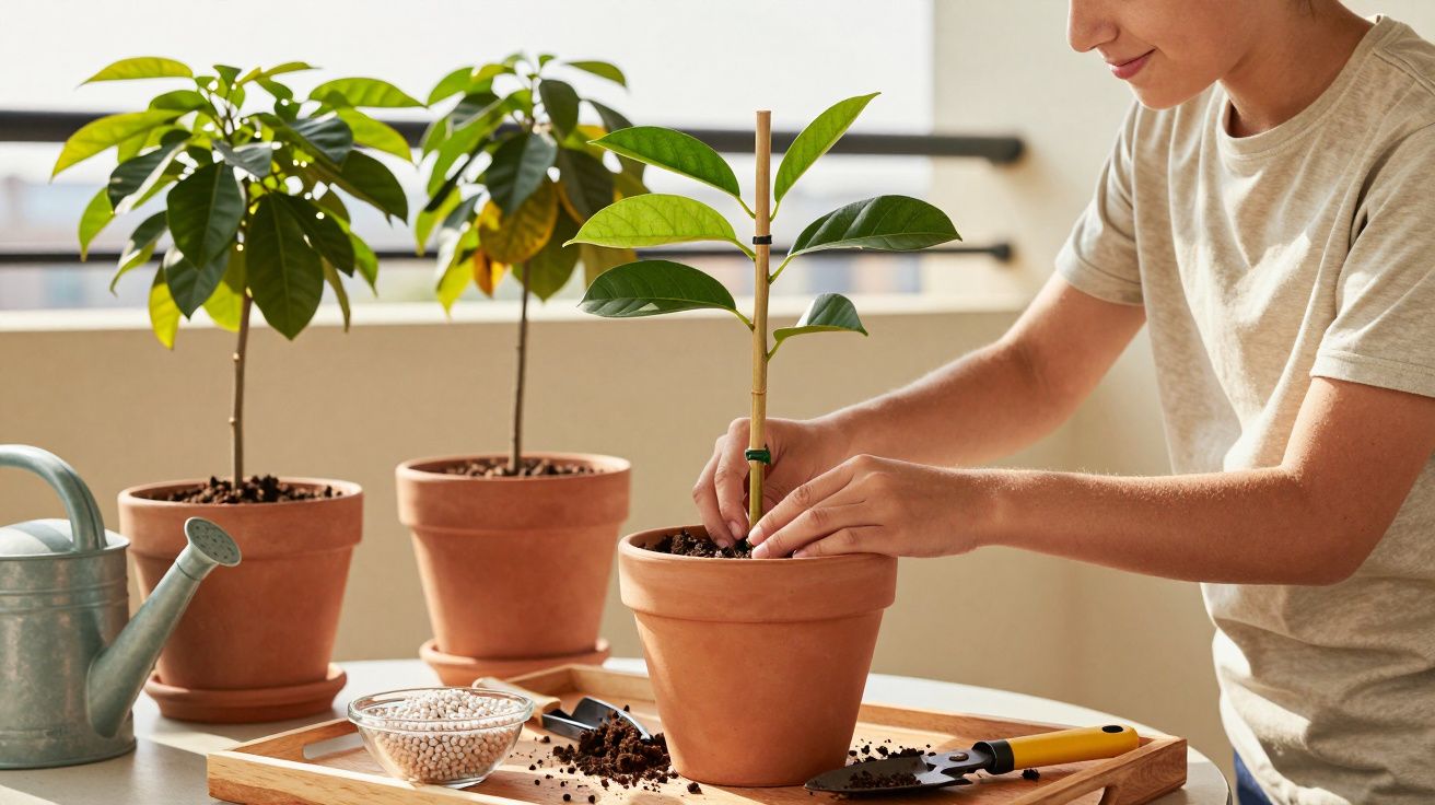 Pessoa cuidando de planta em vaso de barro, com regador e ferramentas de jardinagem ao lado.