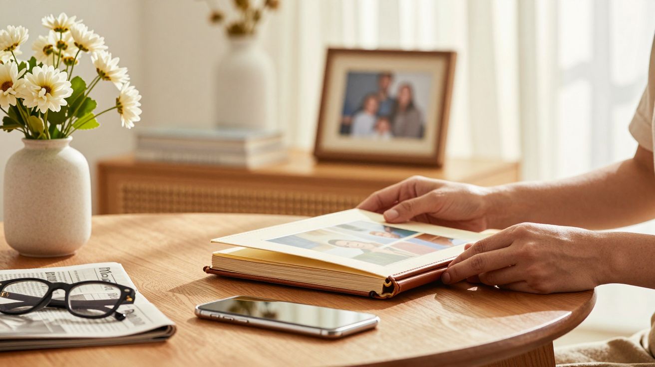 Pessoa a folhear um álbum de fotos numa mesa com óculos, telemóvel, jornal e flores; moldura ao fundo.