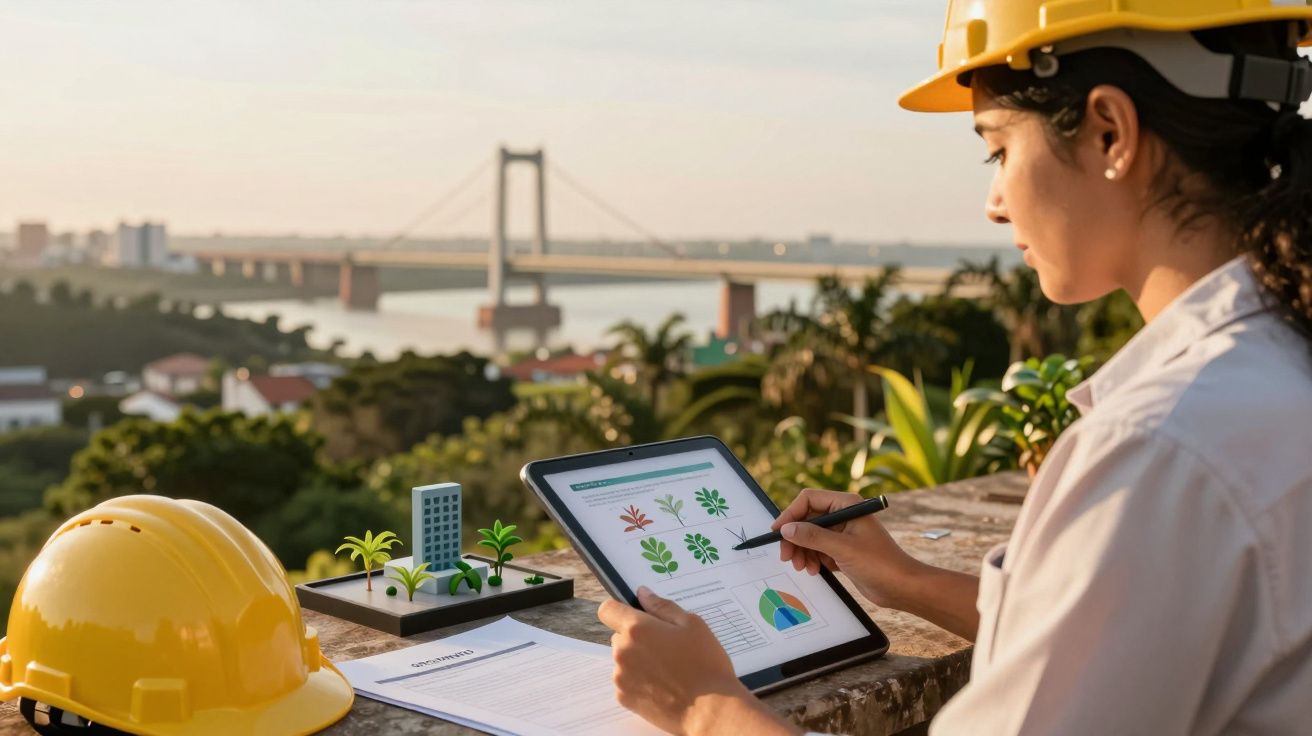 Engenheira de capacete analisa gráficos em tablet ao ar livre, com ponte e árvores ao fundo.