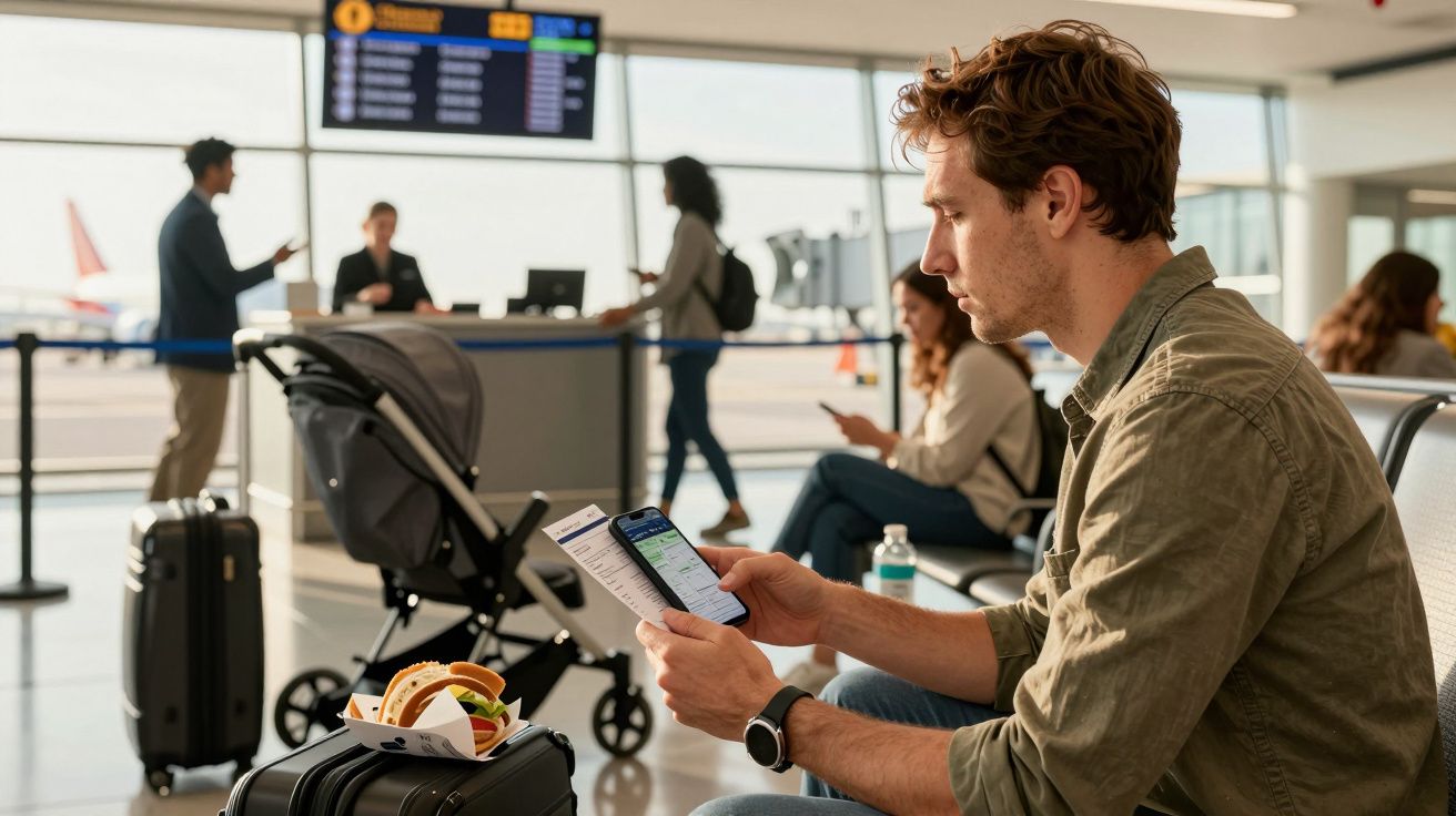 Homem sentado no aeroporto a olhar para o telemóvel, com sanduíches sobre a mala; pessoas ao fundo.