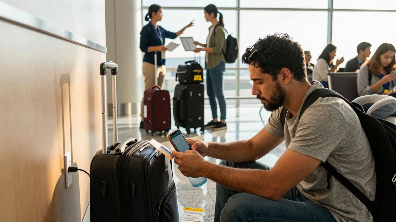 Homem sentado no aeroporto, usando o telemóvel, com uma mala ao lado. Pessoas ao fundo conversando.